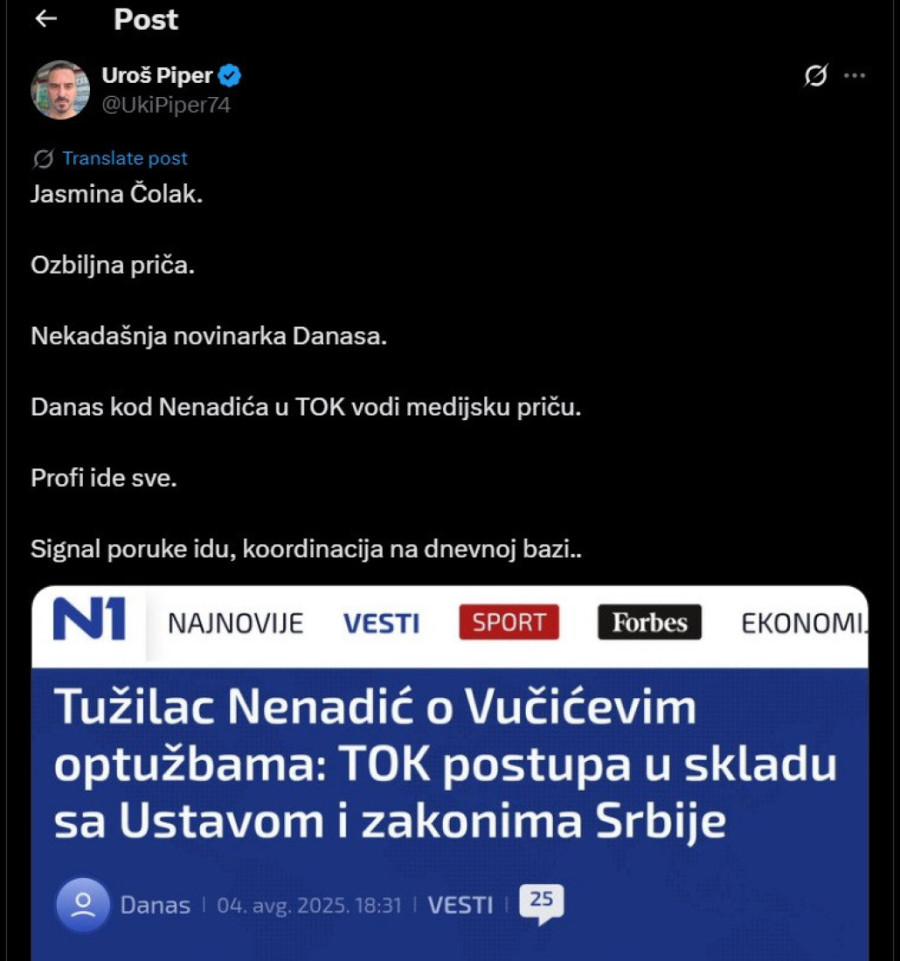 Piper raskrinkao vezu Nenadića za opozicionim medijima: Koordinacija na dnevnoj bazi (FOTO)