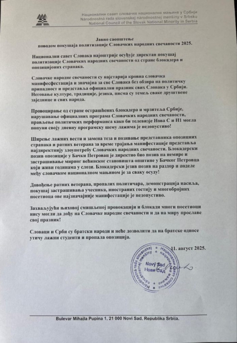 Nacionalni savet Slovaka: Oštro protiv politizacije Slovačkih narodnih svečanosti (FOTO)