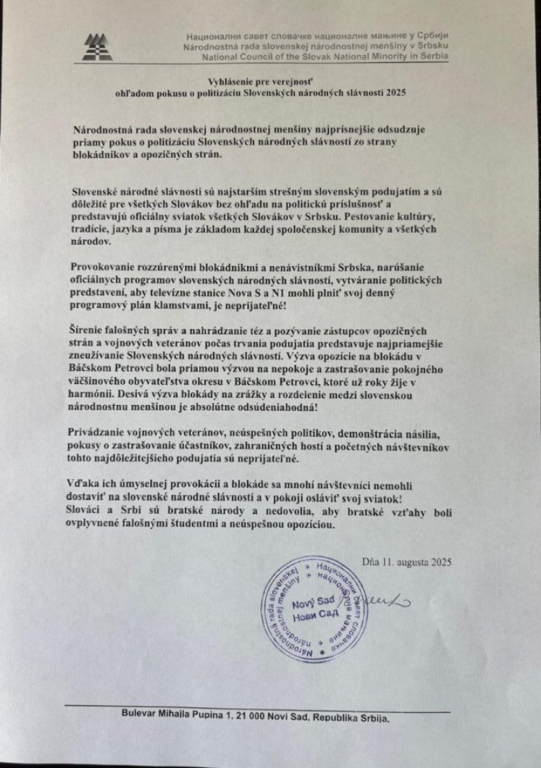 Nacionalni savet Slovaka: Oštro protiv politizacije Slovačkih narodnih svečanosti (FOTO)