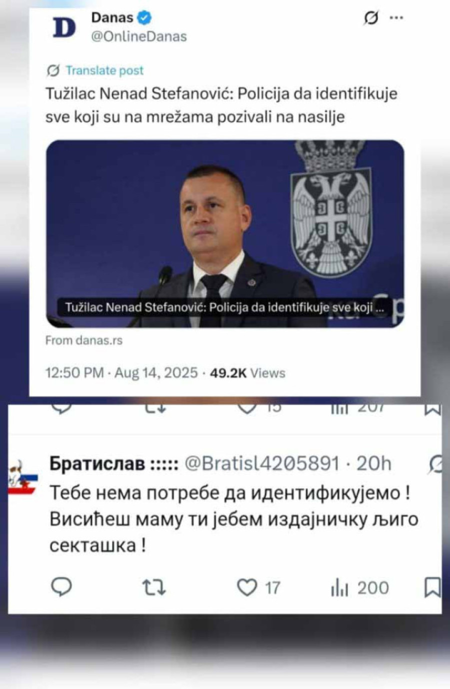 Nove pretnje Stefanoviću: "Visićeš, izdajnička ljigo!" - bez reakcije tužilaštva za visokotehnološki kriminal!