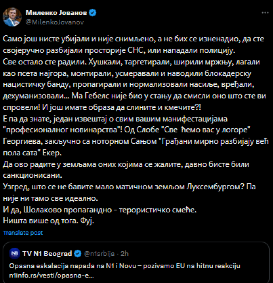 Jovanov o novinarima N1 i Nove S: Huškali ste, targetirali, širili mržnju, lagali, montirali - I još imate obraza da slinite i kmečite?!