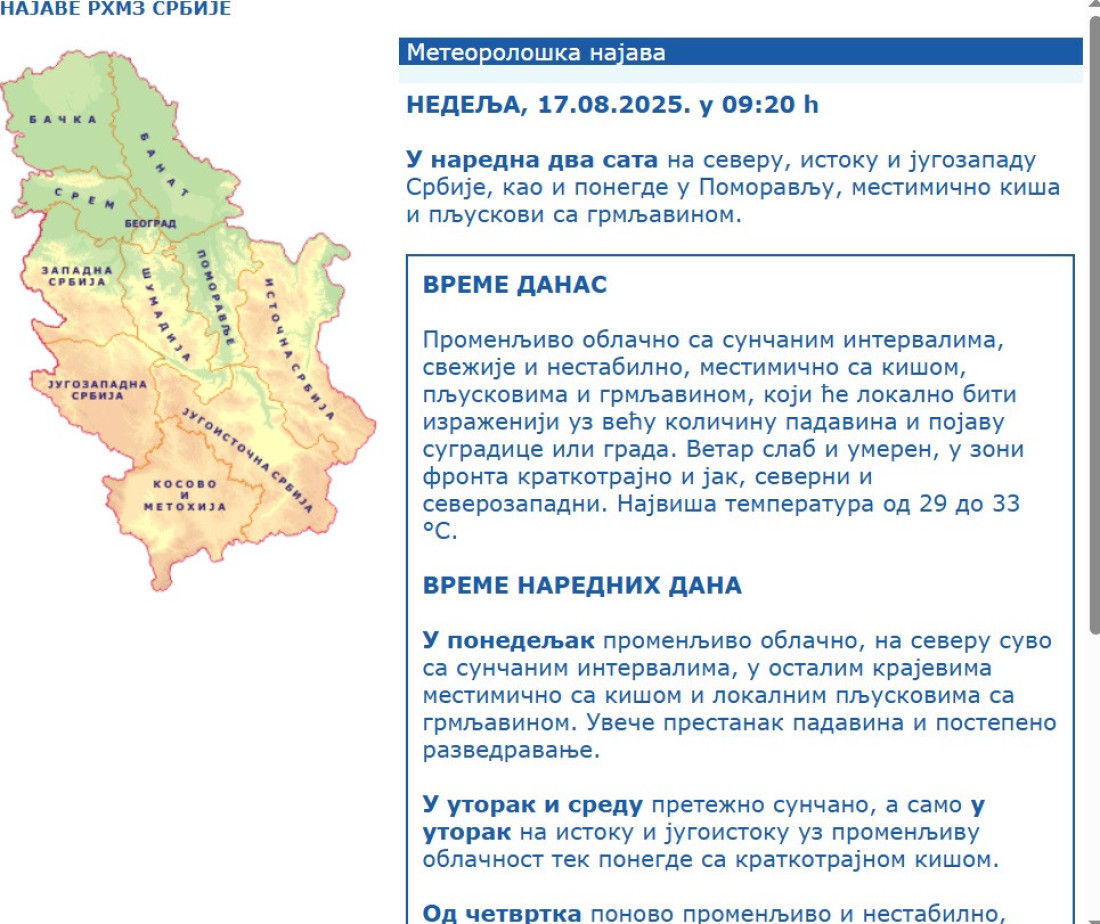 RHMZ izdao upozorenje! Stižu padavine u naredna dva sata!