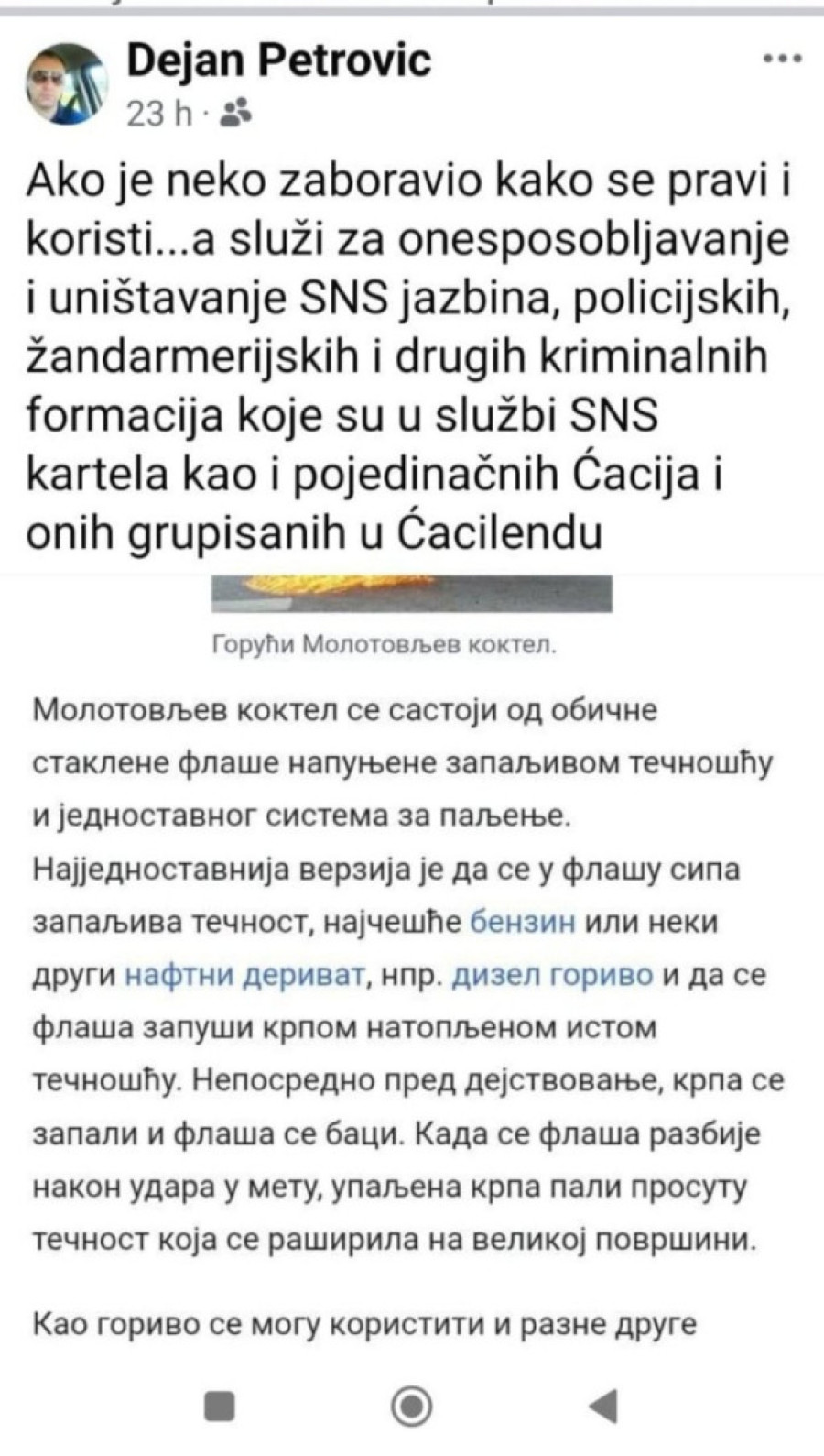 "Ovako se onesposobljavaju SNS jazbine i policija": Veterinar deli uputstvo za pravljenje Molotovljevog koktela