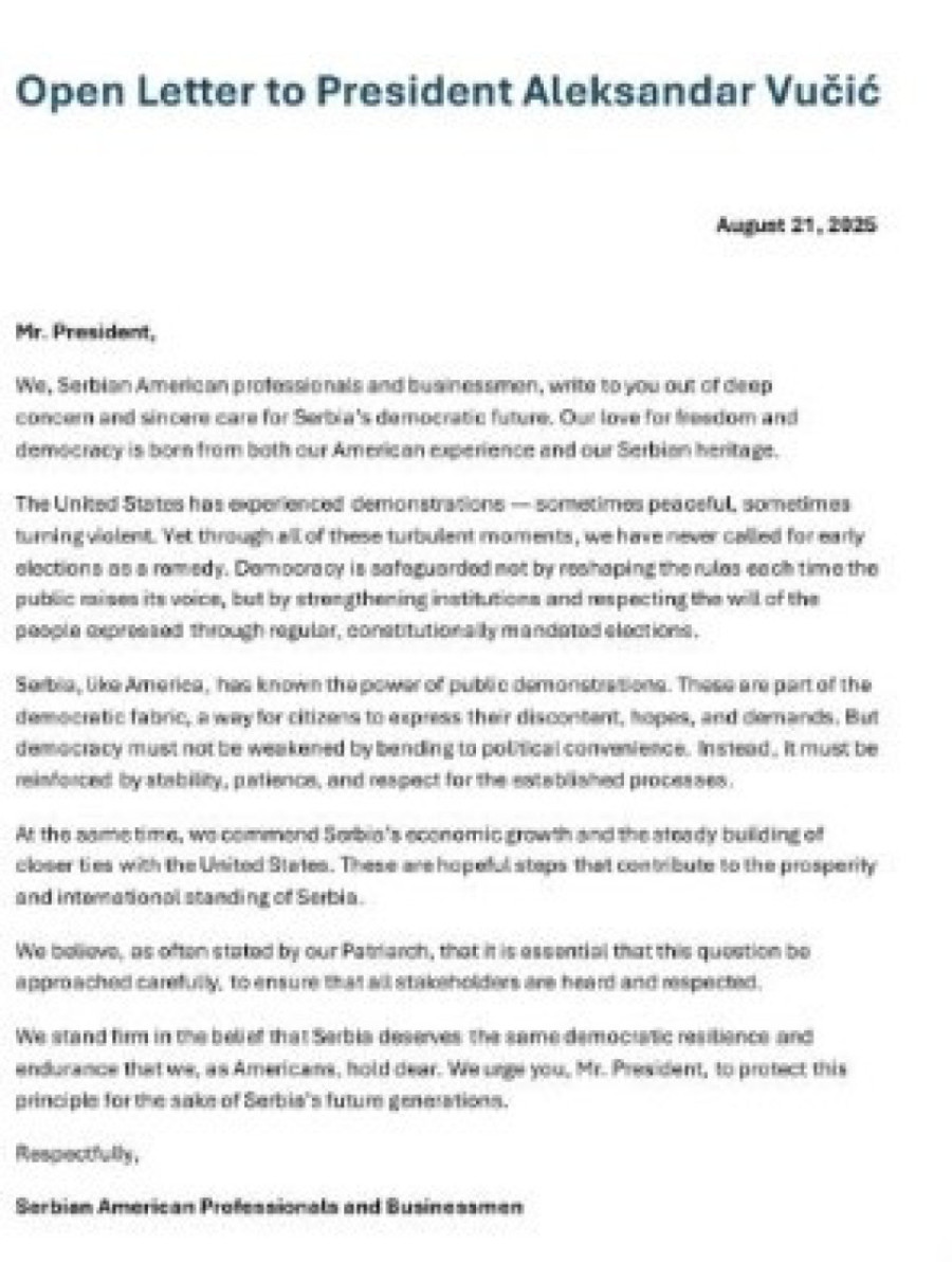 Srpska dijaspora iz SAD pozvala na očuvanje ustavnog poretka i stabilnosti