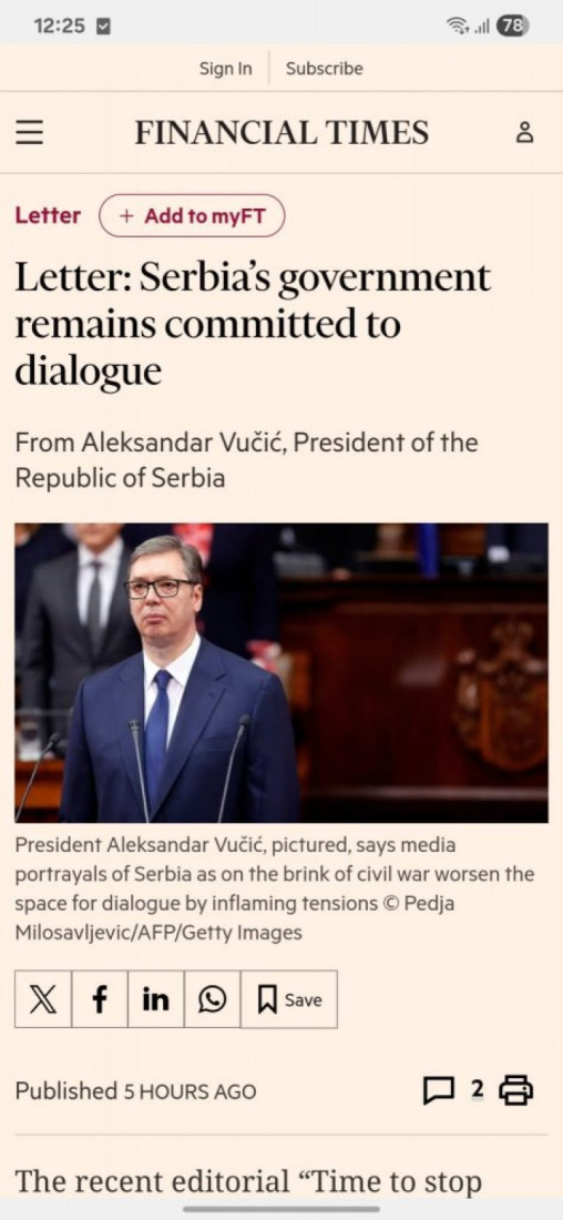 "Fajnenšal tajms "objavio pismo predsednika Vučića: Vlada Srbije ostaje posvećena dijalogu  (FOTO)