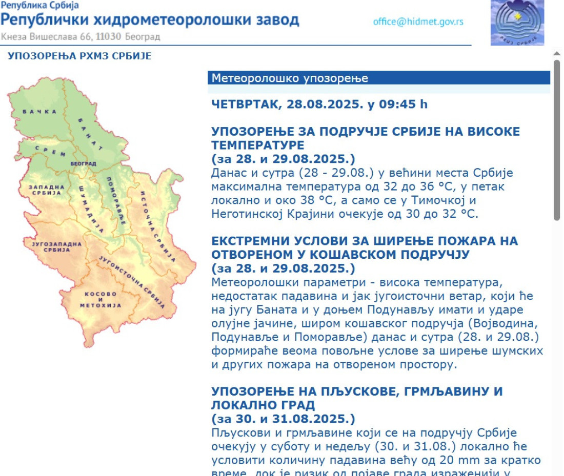 RHMZ upozorava: Visoke temperature i vetar u Vojvodini, povoljni uslovi za požare!