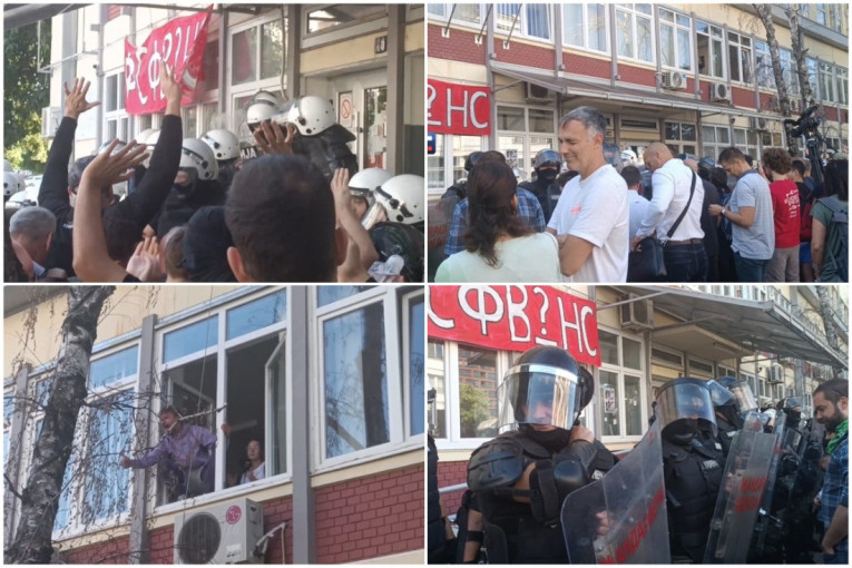 Okupljeni ispred DIF-a u Novom Sadu pokušali da upadnu u zgradu, policija ih potisnula (VIDEO)