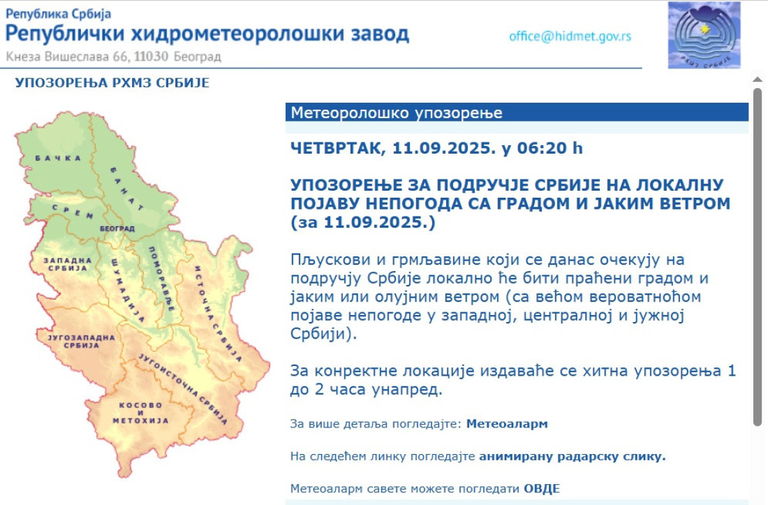 RHMZ izdao upozorenje: Grad i olujni vetar prete ovim delovima Srbije! Objavljena i vremenska za drugu polovinu septembar (FOTO)
