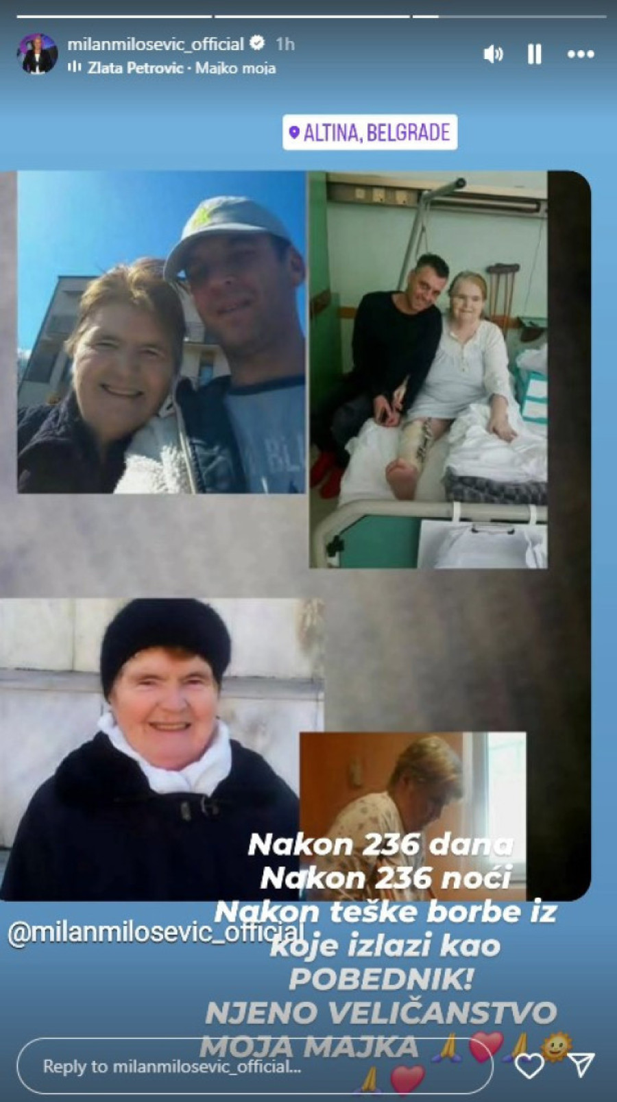 "Nakon teške borbe izlazi kao pobednik!" Majka Milana Miloševića se izborila s bolešću