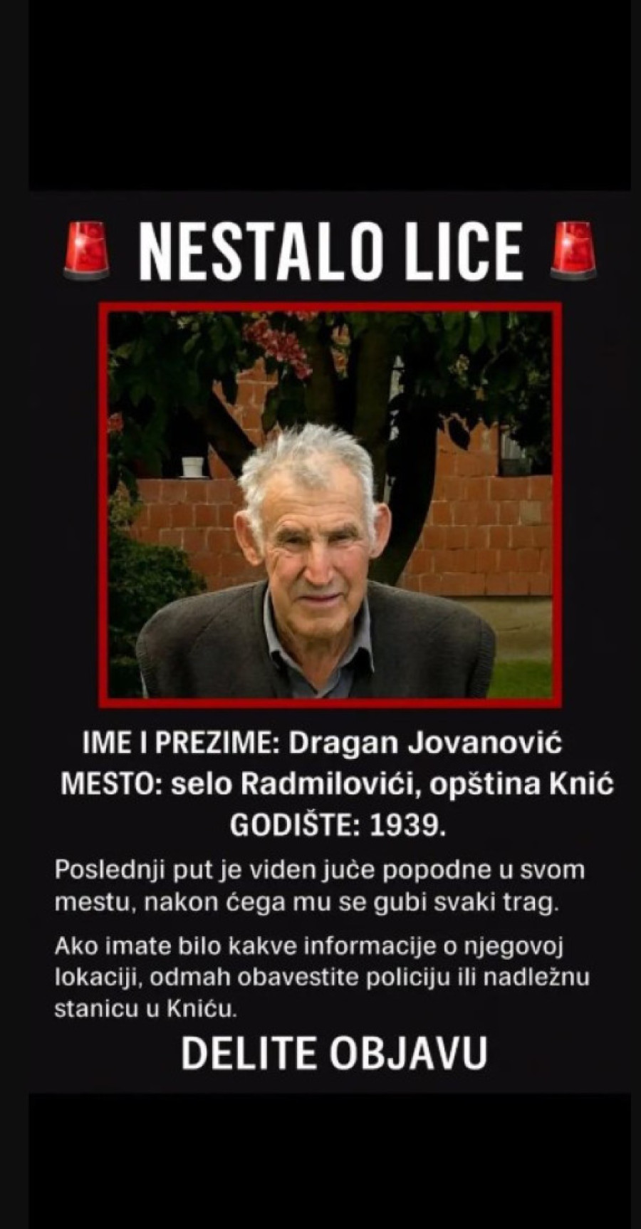 Nestao deka Dragan u Radmiloviću kod Knića: Porodica moli za pomoć, evo gde je poslednji put viđen