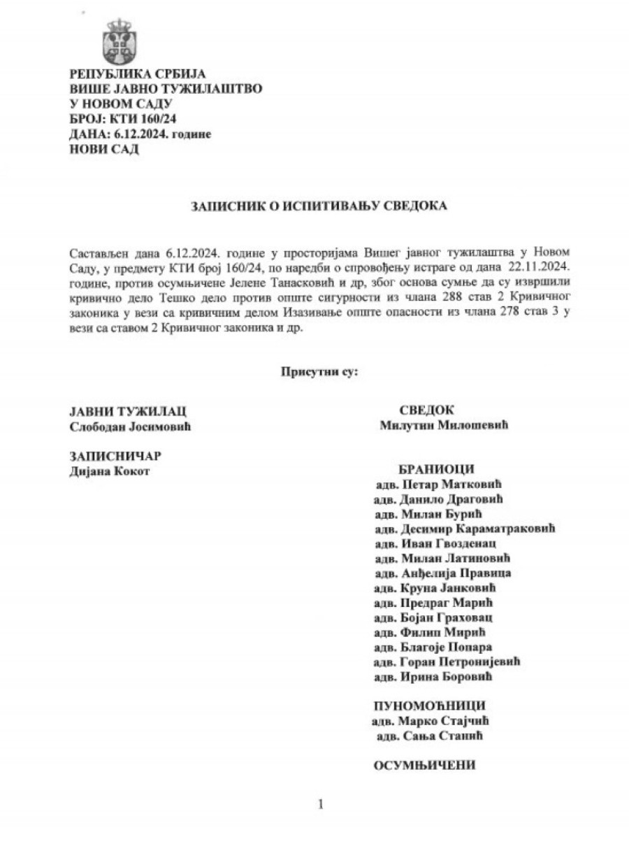 Milutin Milošević pred tužiocem priznao da je bio zadužen za održavanje nadstrešnice, a tužilac Josimović ga oslobodio odgovornosti!?!