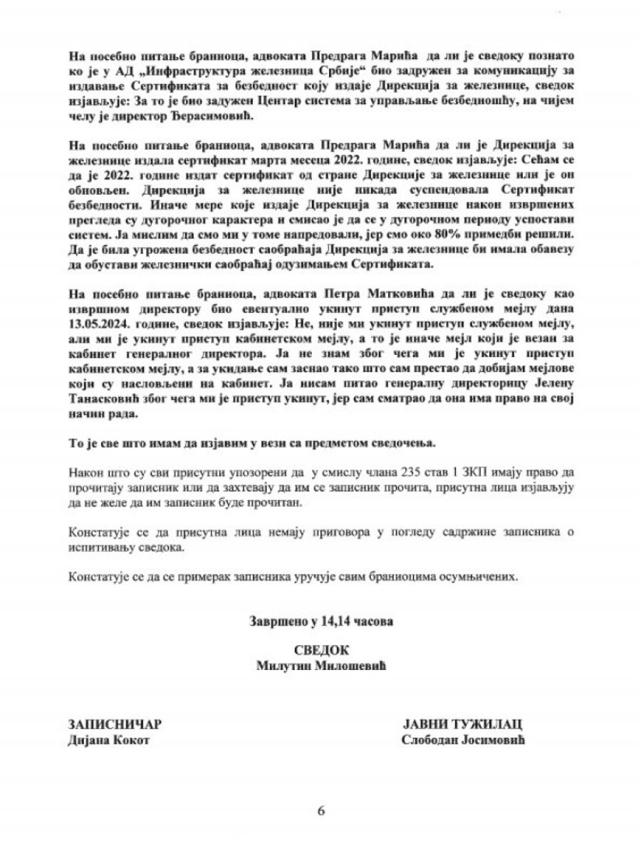 Milutin Milošević pred tužiocem priznao da je bio zadužen za održavanje nadstrešnice, a tužilac Josimović ga oslobodio odgovornosti!?!