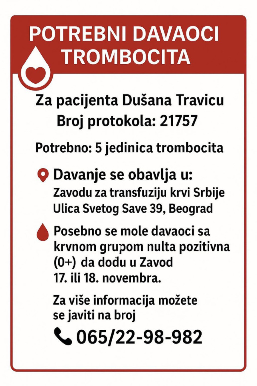 Hitan apel za pomoć! Potrebni davaoci trombocita za Dušana Travicu – svaka jedinica može spasiti život