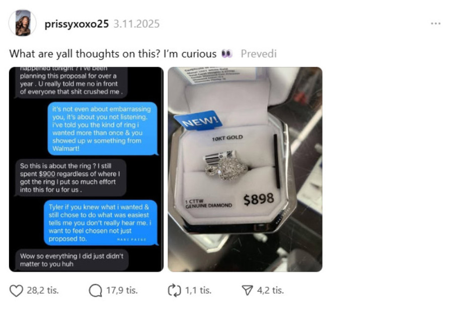 Odbila verenički prsten od 775 evra jer je dečko nije slušao: I pored javne blamaže, ljudi kažu da je u pravu (FOTO)