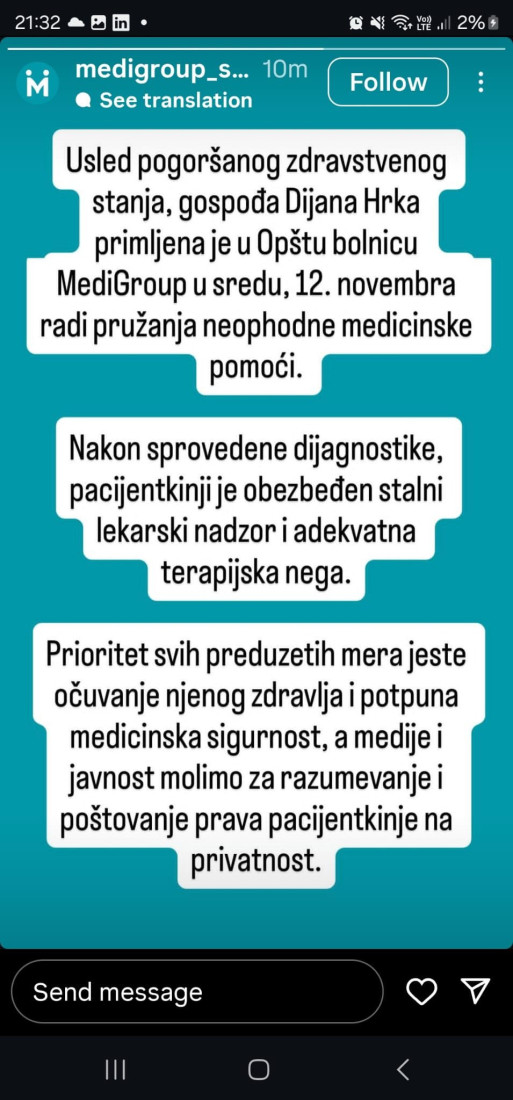 Zvanično saopšetenje MediGroup-a: Dijana Hrka pod stalnim lekarskim nadzorom!