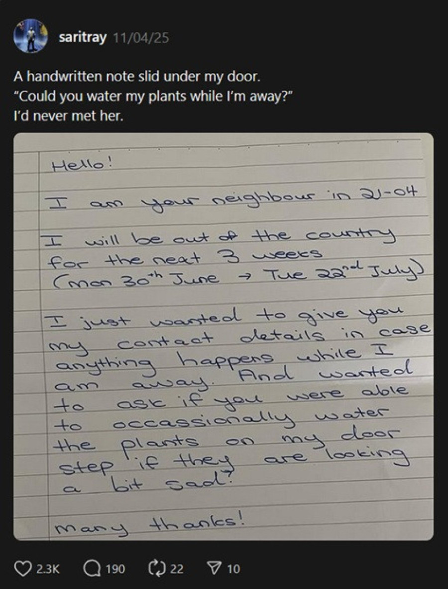 Tip dobio neobičnu poruku od komšinice koju nikada nije upoznao, a njegov potez je sve oduševio