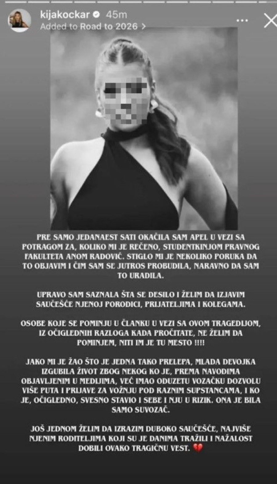 Kija se oglasila nakon Anine pogibije, spomenula muškarca koji je vozio: "Svesno je stavio i sebe i nju u rizik"