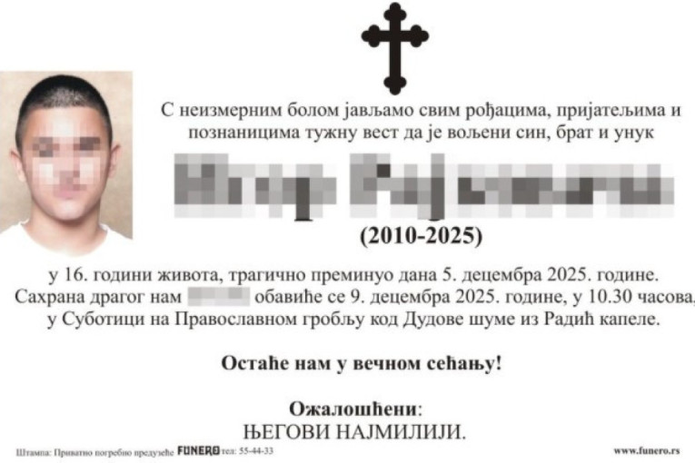 Sutra sahrana tinejdžera iz Subotice koji se ugušio u kolima: Porodica objavila umrlicu zbog koje bi i kamen zaplakao