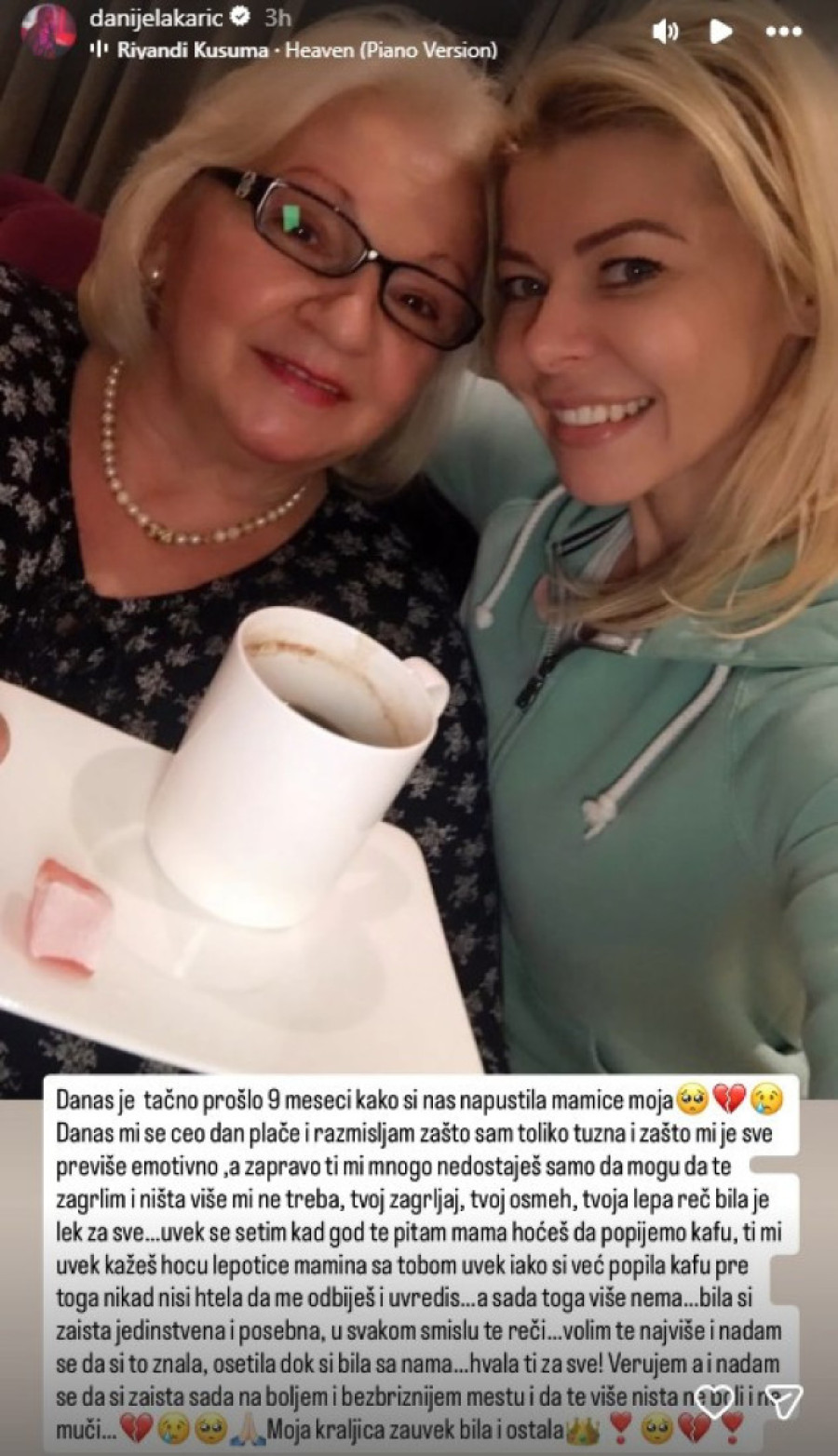 "Ceo dan mi se plače..." Emotivna objava Danijele Karić: Tuga za majkom Hafom ne prolazi