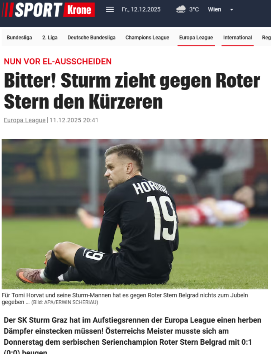 Poraz Šturma od Zvezde je gorak, nešto je falilo, kraj u LE! Austrijski mediji spomenuli i Ivanića i Arnautovića (FOTO)