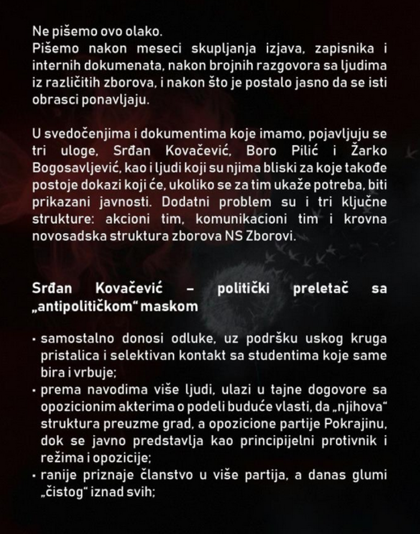 Studenti blokaderi objavili "crnu listu" vođa zborova! Advokat Kovačević, Pilić i Bogosavljević, preletači, nasilnici (FOTO)