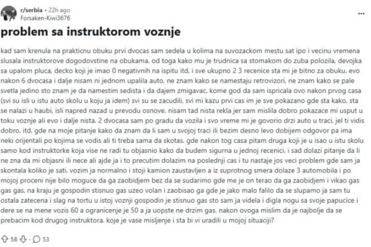 Instruktor vožnje iz pakla: Nije znala ni gde su migavci, ali ju je terao da pretiče kamion! (FOTO)