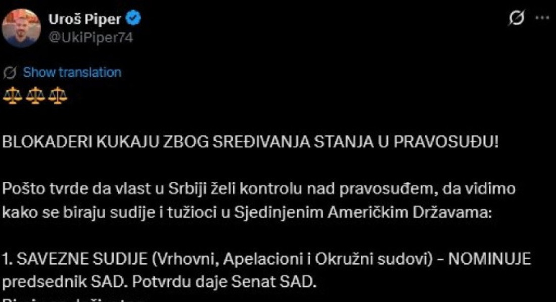 Blokaderi, ovako je u svetu, a uskoro i kod nas: Uroš Piper o sređivanju stanja u pravosuđu