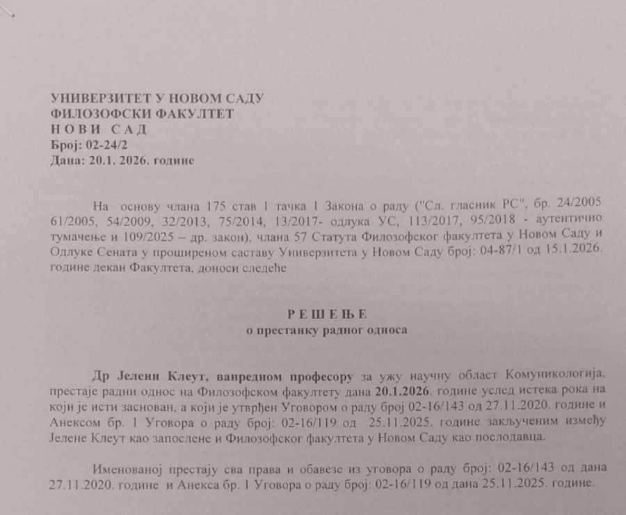 Počelo oslobađanje Filozofskog fakulteta! Jeleni Kleut zvanično uručeno rešenje o prestanku radnog odnosa