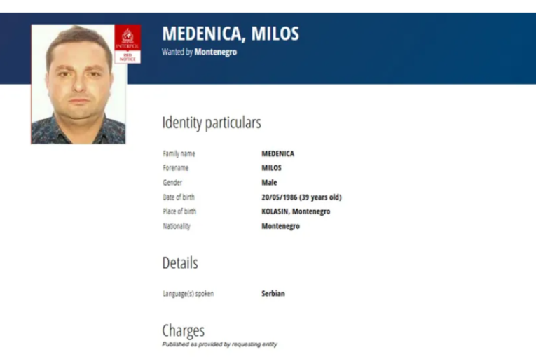 Crvena poternica za Milošem Medenicom objavljena na zvaničnoj stranici Interpola!