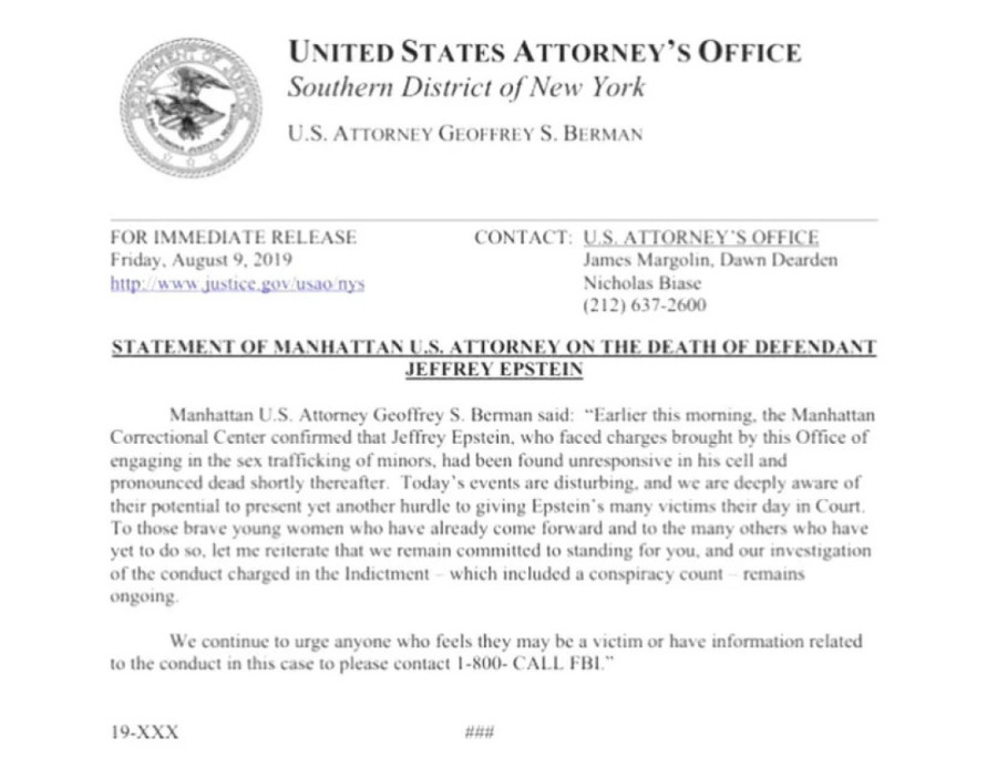 Pojavio se dokument! Epstin proglašen mrtav dan pre nego što se ubio