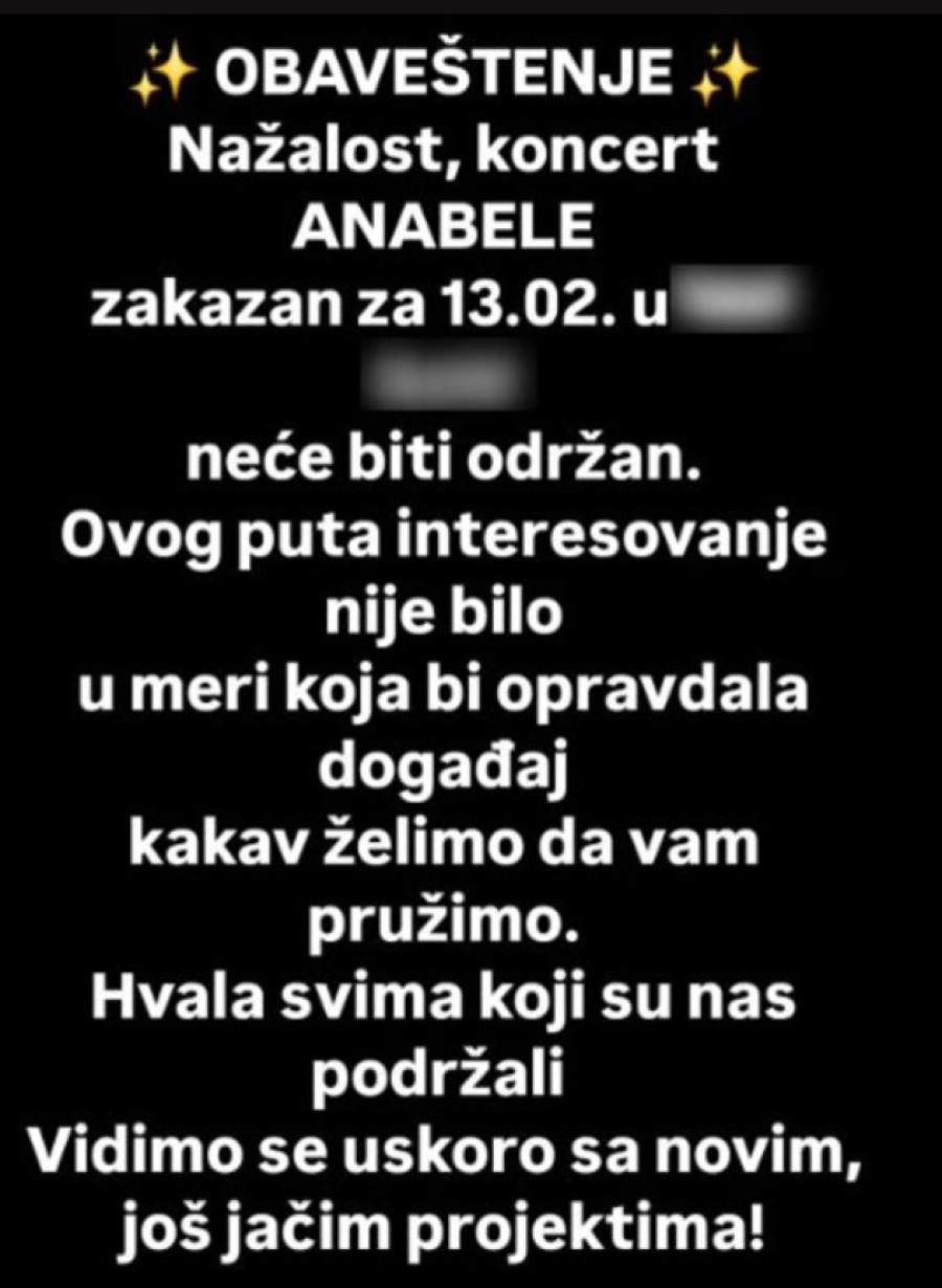 Anabelin koncert otkazan zbog slabog interesovanja: Osvanulo šokantno obaveštenje
