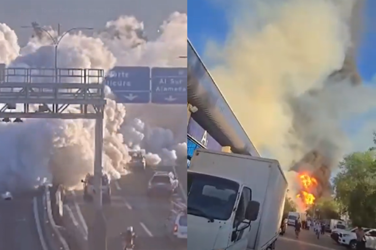 Eksplozija na auto-putu! Kamion sa gasom se prevrnuo, vatra zahvatila nekoliko vozila, dim se vidi sa nekoliko kilometara (VIDEO)