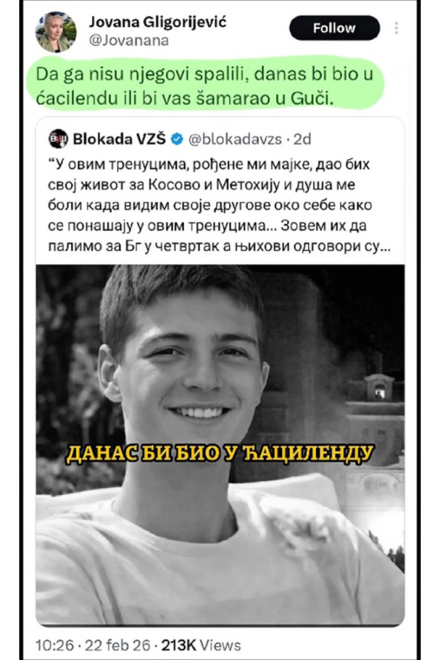 Monstruozna anarhistička veštica se iživljava and tragedijom kosovskog mladića! Jednom objavom zgazila sećanje na Zorana Vujovića