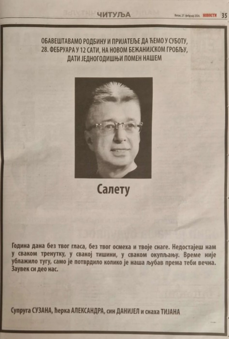 Suzana Jovanović sa decom objavila emotivnu čitulju Saši Popoviću: "Vreme nije ublažilo tugu"