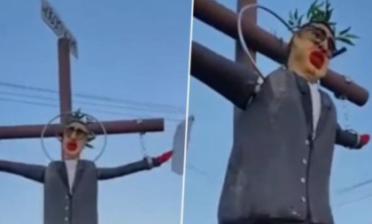 Sraman prizor u Nišu: Blokaderi razapeli lutku sa Vučićevim likom na krst (FOTO)