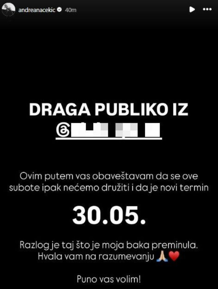 Andreana Čekić zbog smrti bake odložila nastup: Hvala vam na razumevanju (FOTO)