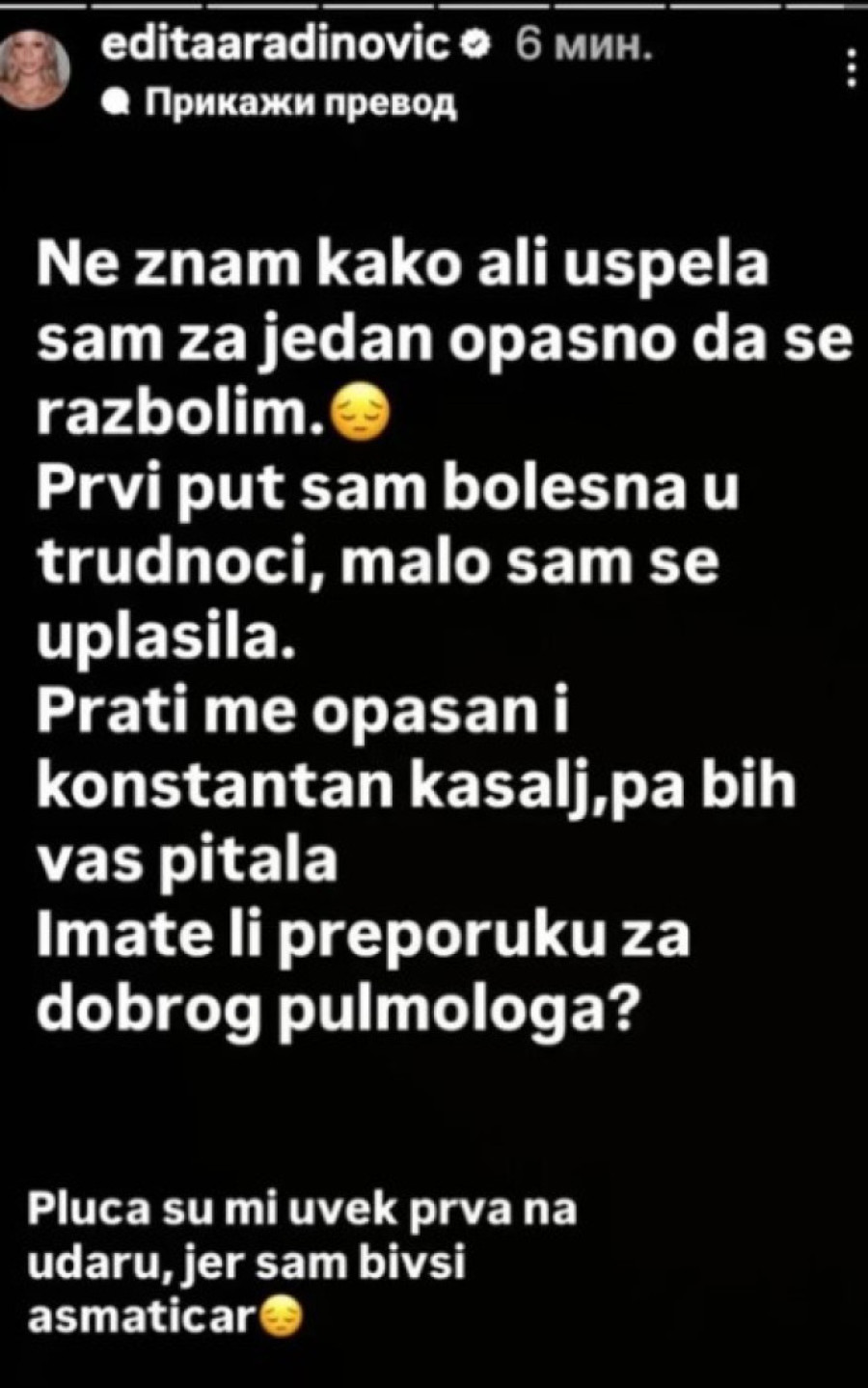 Trudna Edita otkrila da se razbolela i zabrinula sve: "Pluća su mi prva na udaru, uplašila sam se"
