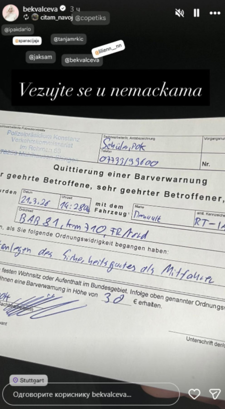 Bekvalčeva u Nemačkoj "popila" kaznu za saobraćajni prekršaj: Evo koliki iznos! (FOTO)