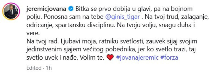 Jovana Jeremić prvi put javno izjavila ljubav Tigru: "Ljubavi moja, ratniku svetlosti..."