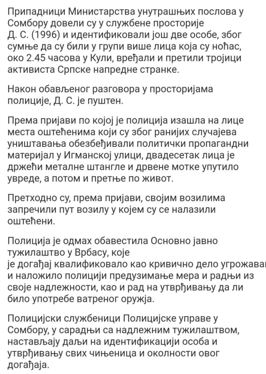 Oglasila se policija o događajima u Kuli: Blokaderi šipkama napali aktiviste SNS, jedan već u policiji! (FOTO)