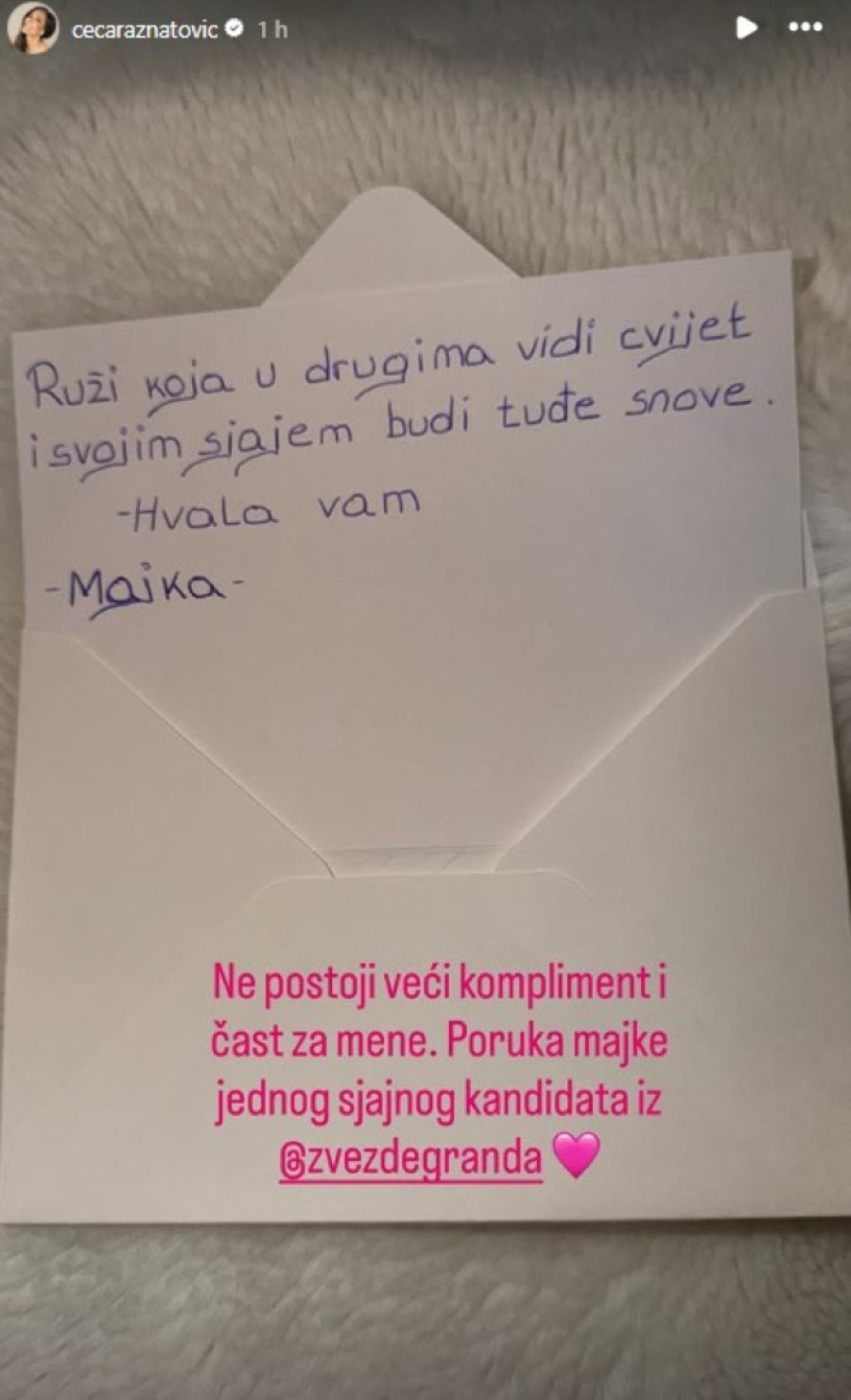 "Za mene je ovo..." Majka takmičara Zvezda Granda poslala Ceci pismo! (FOTO)
