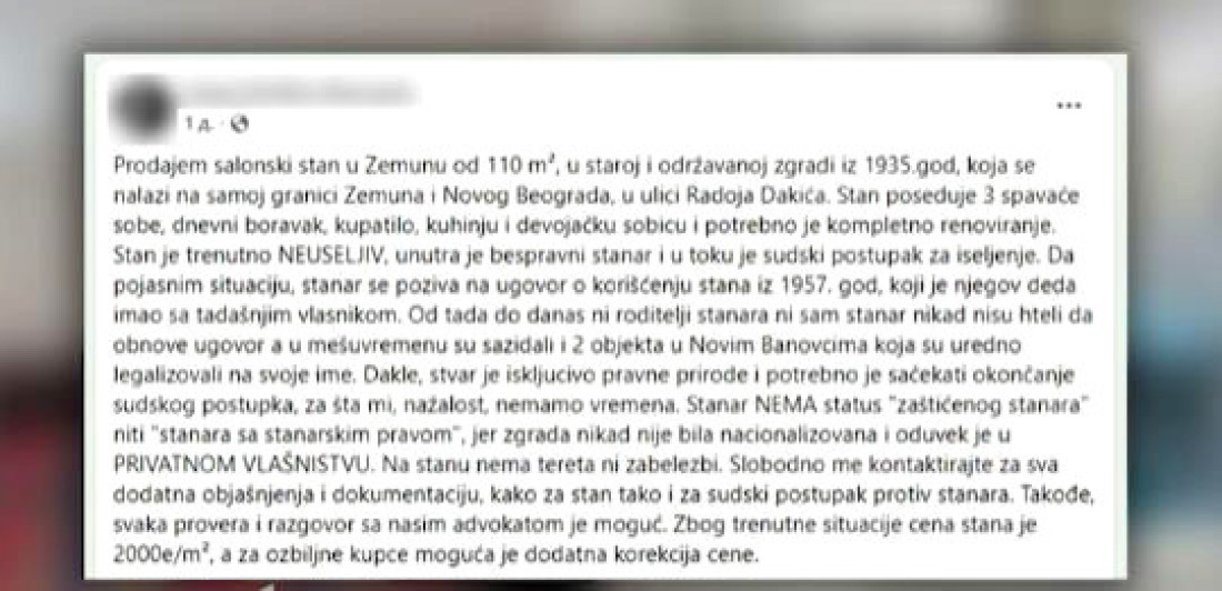 Kupiš stan, a dobiješ i podstanara! Oglas iz Zemuna otkriva zamke koje kupci ne vide