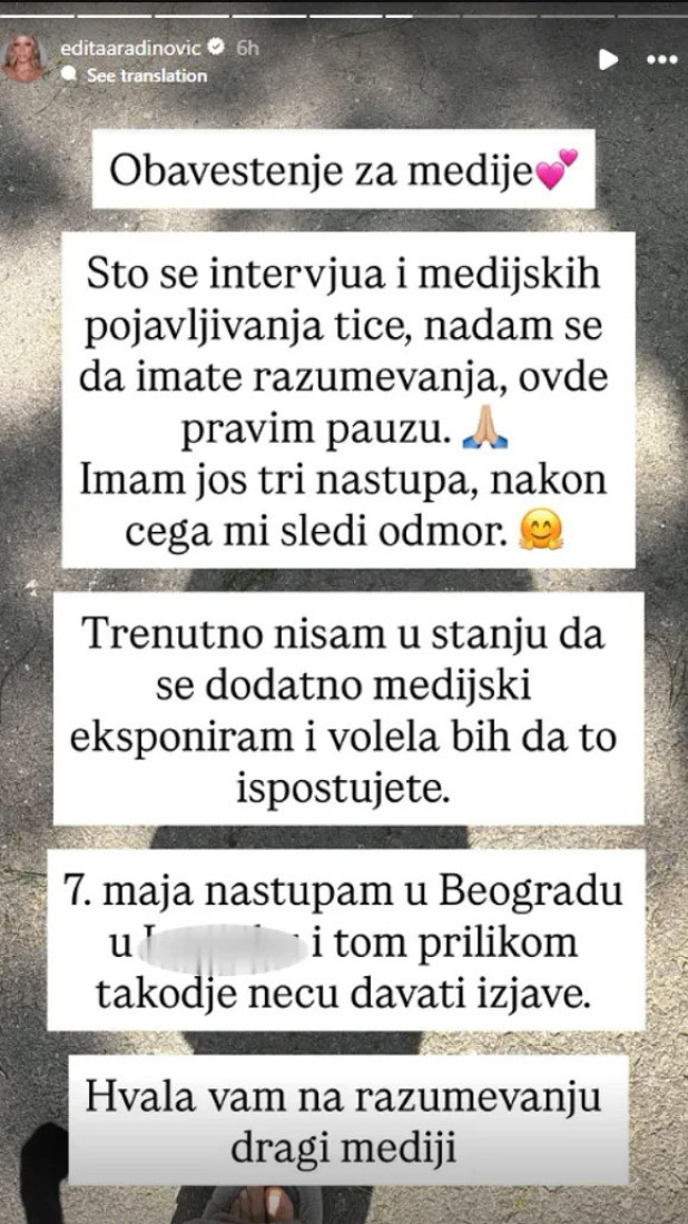 Edita odsvirala kralj! Imala je tri žestoka peha, a sada je porukom zabrinula fanove (FOTO)