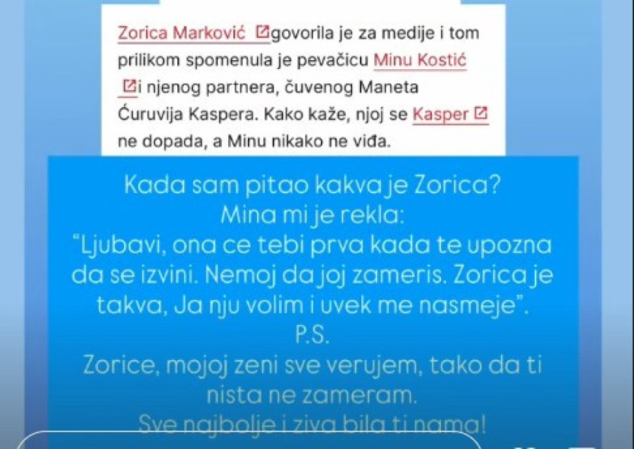 Kasper odgovorio Zorici Marković na prozivke da mu je faca jeziva: "Mina mi je za nju rekla..."