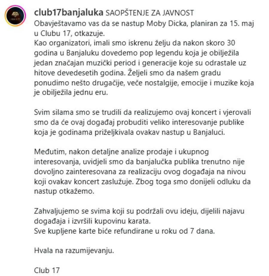 Otkazan koncert Mobi Dika zbog nezainteresovanosti publike! Organizatori poručili: Svim silama smo se trudili...