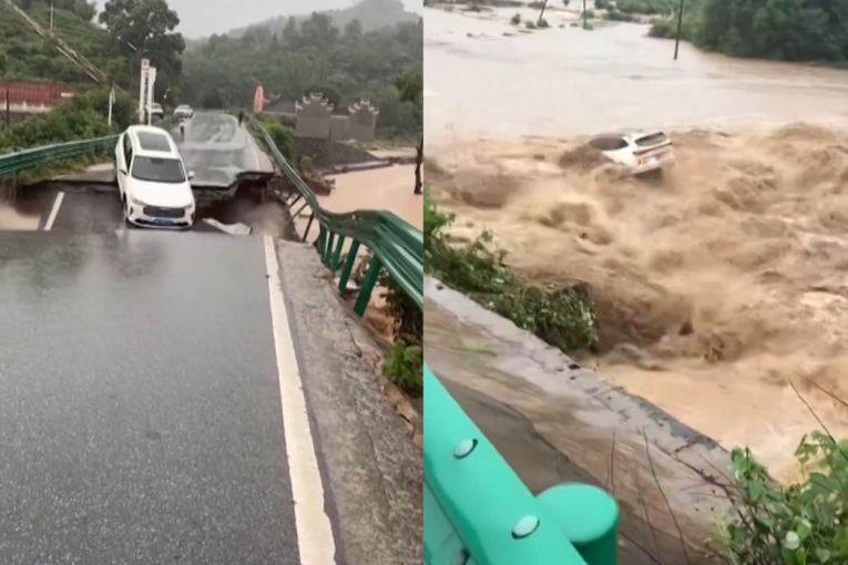 Potop u Kini! Snimljen dramatičan trenutak, voda lomi most, auto upada u nabujalu vodu (VIDEO)