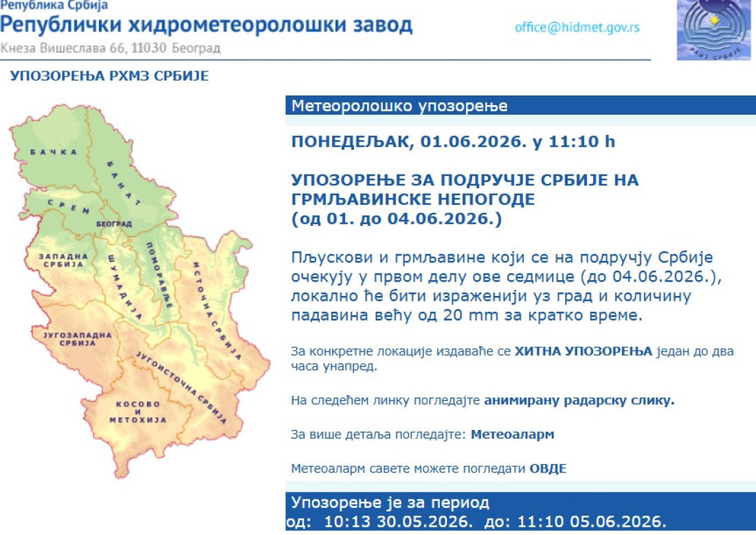 Upaljen meteoalarm! RHMZ najavio grmljavinske nepogode do 4. juna
