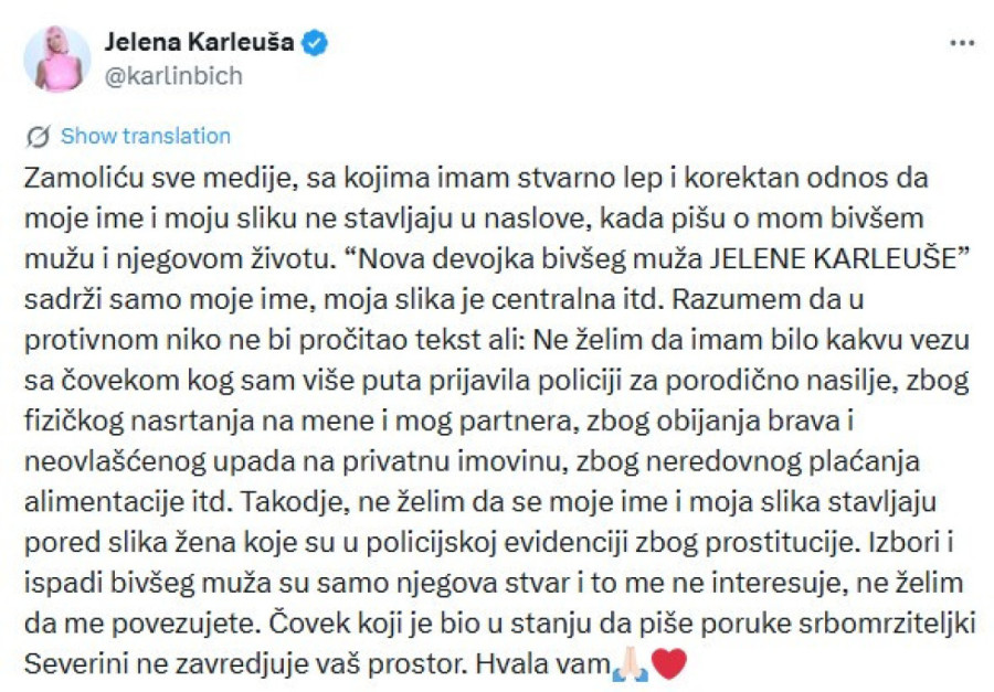Karleuša udarila na devojku Duška Tošića: Ne želim da moje ime stoji uz žene iz policijske evidencije za prostituciju!