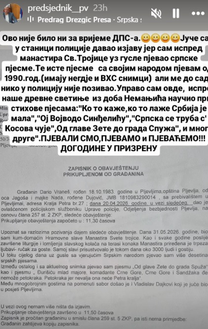 Gusle za torturu: Predsednik opštine Pljevlja završio u policiji zbog srpskih pesama