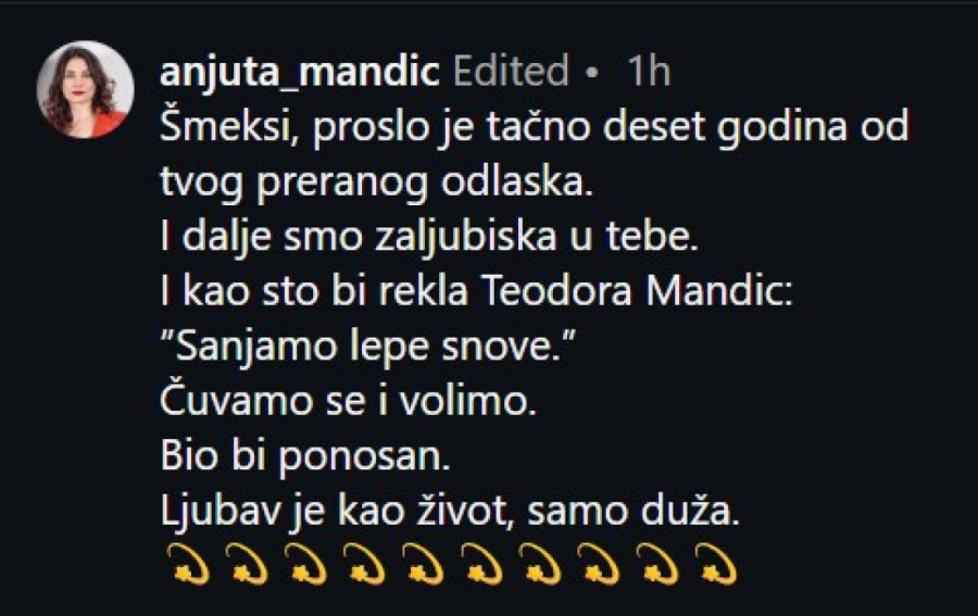 "Šmeksi, i dalje sam zaljubiška u tebe" Mandina udovica se oglasila na 10. godišnjicu njegove smrti